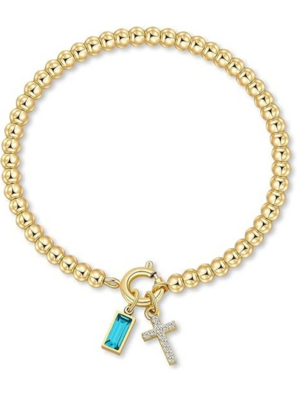 03-March(Aquamarin) Cross Birthstone Elastic 14K Gold Plated Bead Bracelet